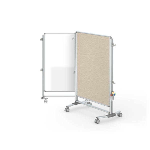 Partition Mobile 2-Sdd Prcln Whtbrd/Fbrc Blltn Brd, Mag, 46"H x 34"W, Beige